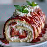 A pinwheel of Strawberry Shortcake Sushi Roll, drizzled with white chocolate, rests on a minimalist ceramic platter.
