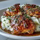 Slow Cooker Honey Mustard Chicken drizzled with extra sauce, paired with creamy mashed potatoes and fresh parsley garnish.