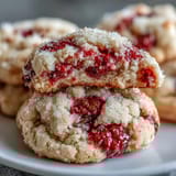 Stack of Soft Chewy Raspberry Sugar Cookies coated in sparkling sugar, ready to serve with a glass of milk.