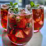 Strawberry Basil Lemonade Mocktail Pitcher with fresh strawberries and basil leaves in a clear glass pitcher, garnished with lemon slices and ice cubes.