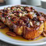 Warm, gooey capirotada Mexicana with toasted bread, piloncillo syrup, and melted cheese, served in a rustic dish.