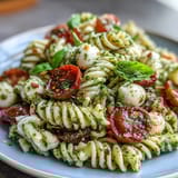 A colorful summer pasta salad with fresh pesto, juicy cherry tomatoes, and creamy mozzarella balls—ideal for picnics or light lunches.