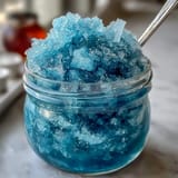 Vibrant blue raspberry lemonade slushie with a sugared rim, perfect for cooling off on a hot day at a backyard party.