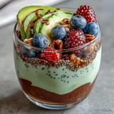 Fiber-rich avocado chia pudding parfait, layered elegantly with fresh fruit, ready to enjoy.