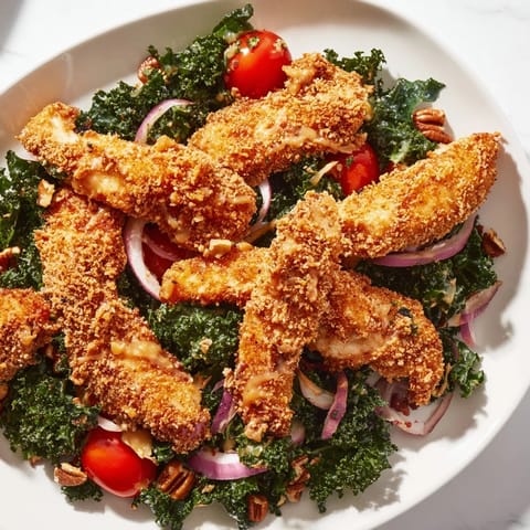 Slices of Crispy Chicken Kale Salad topped with toasted pecans and grated Parmesan, drizzled with maple-Dijon dressing.