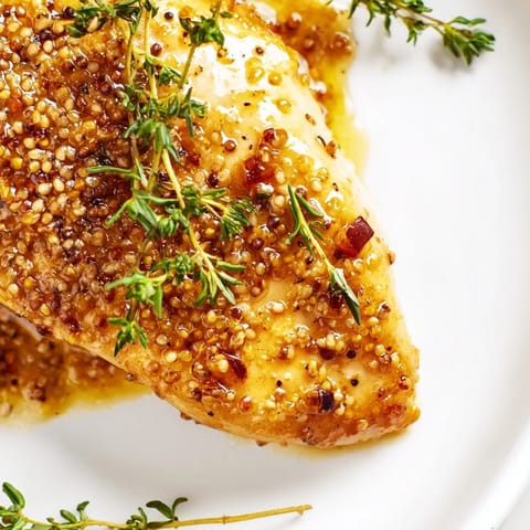 Perfectly cooked Honey Dijon Chicken Skillet ready to serve, garnished with parsley alongside fluffy white rice and steamed green beans.  