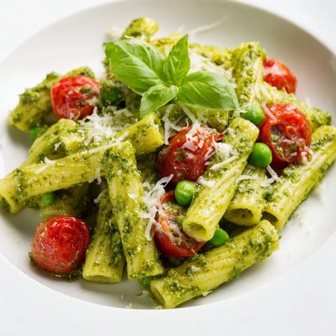 A bowl of Green Pesto Pasta Salad garnished with fresh basil, ready for a summer picnic or light lunch.