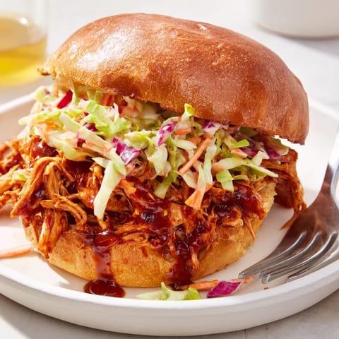 Juicy pulled barbecue chicken in a toasted brioche bun, loaded with crunchy, creamy slaw for a satisfying bite.  