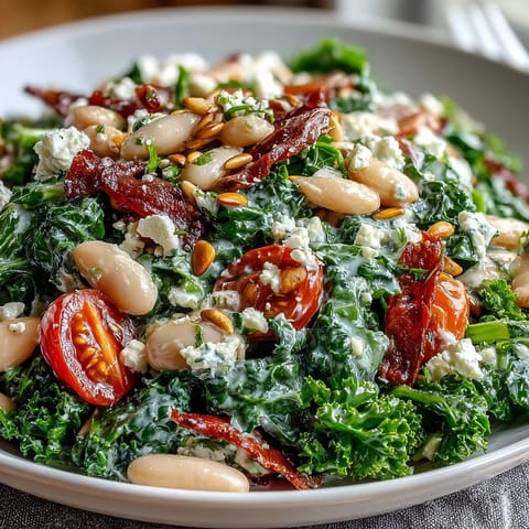 Vibrant bowl of White Bean and Kale Salad with creamy beans, crisp kale, and toasted seeds, finished with a zesty lemon-garlic dressing.