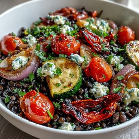 Hearty Black Lentil Salad, showcasing tender lentils and savory caramelized veggies.