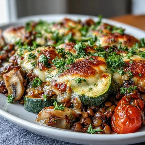 Hearty green lentil and vegetable casserole, bubbling and golden, perfect vegetarian comfort food.