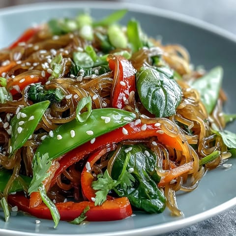 Vibrant Kelp Noodle Stir-Fry with colorful veggies and a zesty ginger sauce, served fresh and light.  