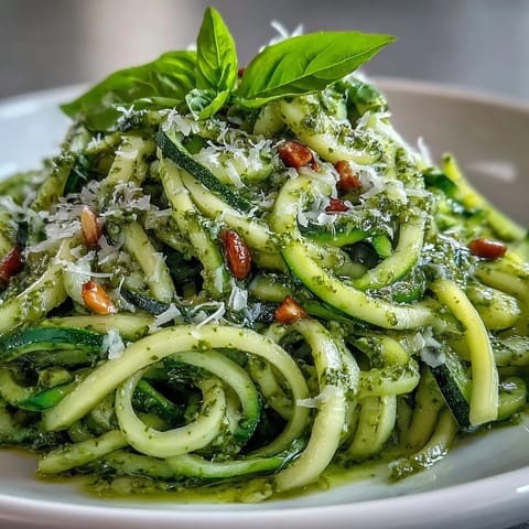 Bright zucchini noodles with vibrant pesto, a healthy Italian side dish.