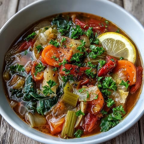 Brightly colored Cabbage Soup garnished with fresh parsley, served hot for a comforting and healthy meal.