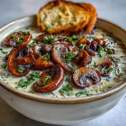 Rustic mushroom soup served in a white bowl alongside crusty bread on a wooden table.