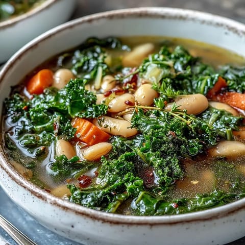 Close-up of hearty Kale Soup featuring tender kale, potatoes, and root vegetables in a savory vegetable broth.