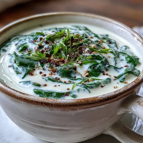 A bowl of creamy spinach soup garnished with black pepper, served alongside crusty artisan bread.