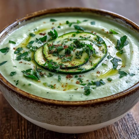 A bowl of creamy Zucchini Soup with a crusty bread slice for dipping, served on a rustic table. 