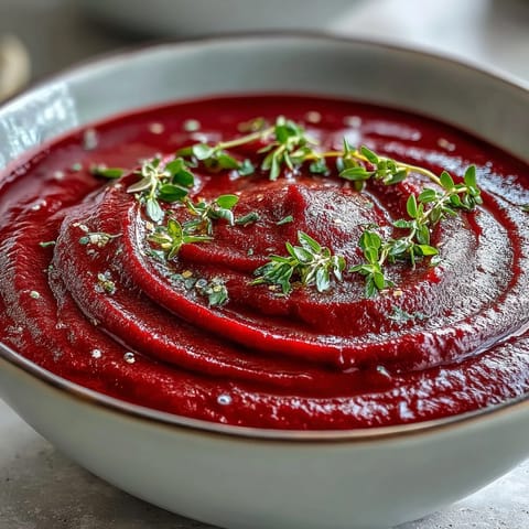 A bowl of creamy roasted beet soup garnished with fresh thyme and a swirl of cream.