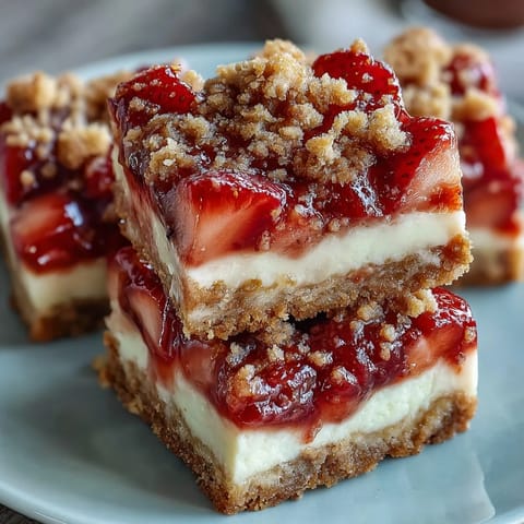 Freshly sliced Strawberry Cheesecake Bars showing juicy strawberry topping, smooth filling, and a buttery crust for a party dessert.