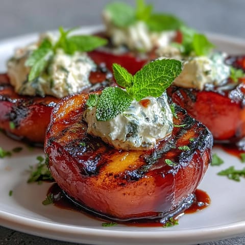 Grilled plums with goat cheese and a glossy balsamic glaze on a serving platter, garnished with fresh mint.