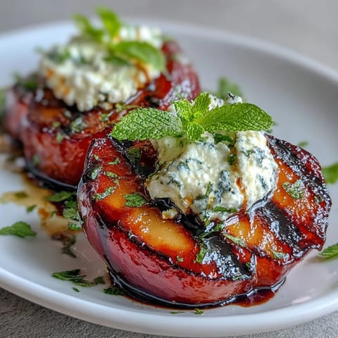 Caramelized plum halves topped with creamy goat cheese, drizzled with tangy balsamic glaze for an elegant appetizer.