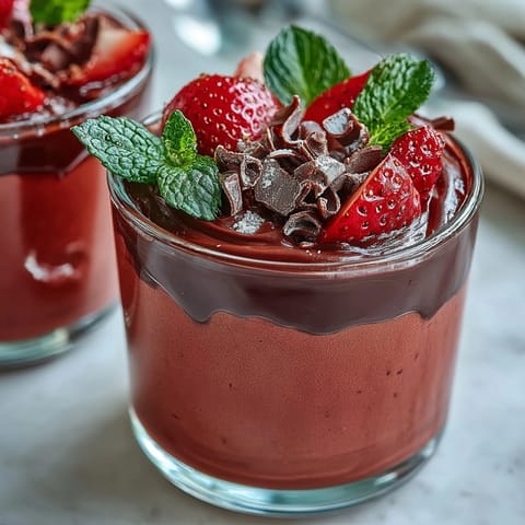 Served chilled in clear glasses, this Chocolate-Covered Strawberry Mousse showcases ripe berry flavor.