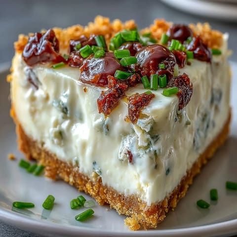 Kalamata Cheesecake Appetizer is garnished with fresh parsley and a drizzle of extra virgin olive oil, ready to slice.