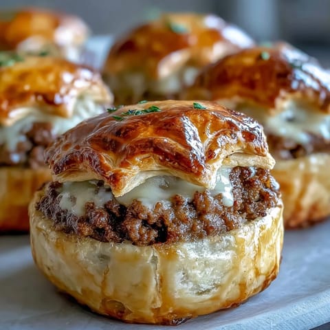 Golden-baked Mini Beef Tourtières with flaky cream cheese pastry and savory spiced beef filling, plated for appetizers.