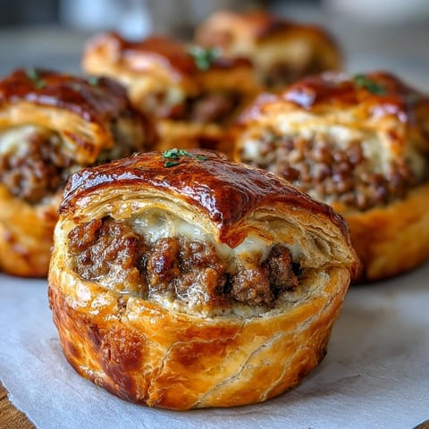 Freshly baked Mini Beef Tourtières dusted with flour, served warm with a side of Dijon mustard.