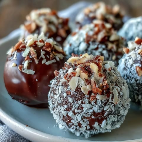 Freshly rolled Chocolate Truffles dusted with cocoa powder on a marble surface, rich and velvety.
