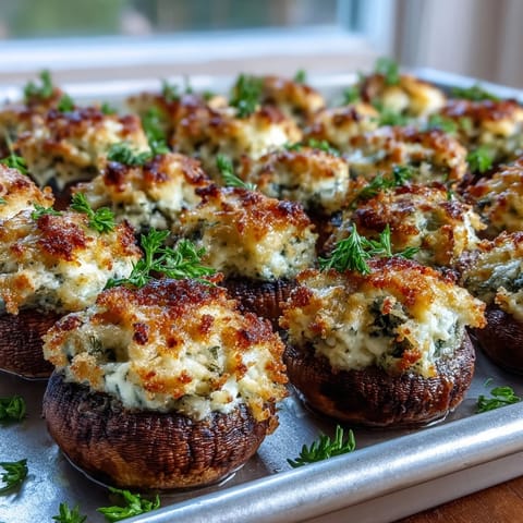 Golden-brown Stuffed Asiago-Basil Mushrooms fresh from the oven, drizzled with olive oil on a baking sheet.