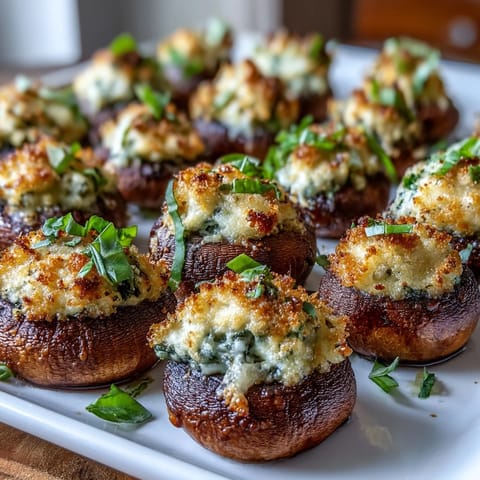 Bite-sized Stuffed Asiago-Basil Mushrooms arranged on a wooden platter, garnished with fresh basil for party serving.