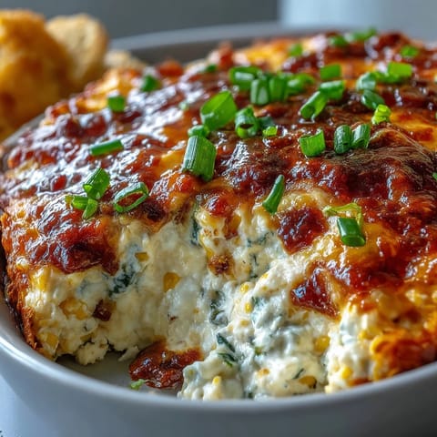 Easy Crack Corn Dip in a white bowl, topped with green onions and jalapeños, surrounded by crispy chips.
