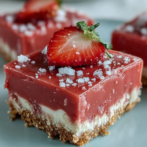 Chilled No-Bake Strawberry Fudge Squares on a graham cracker crust with fresh strawberry garnish.