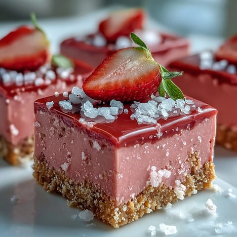 A white chocolate No-Bake Strawberry Fudge Square cut to show creamy texture and crunchy base.