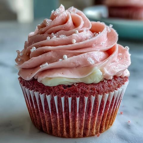 A hand pipes fluffy vanilla buttercream frosting onto Pink Velvet Cupcakes in this baking tutorial.