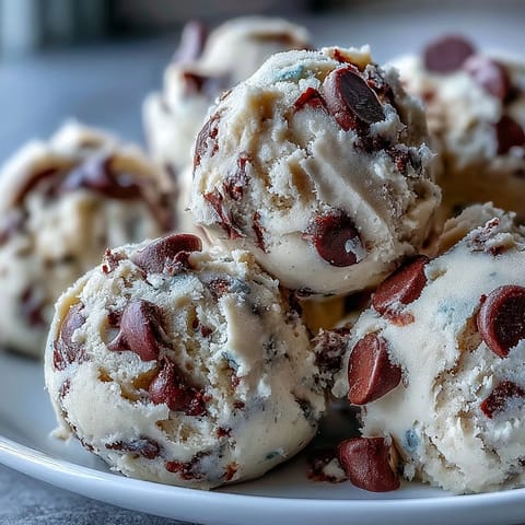 Freshly scooped Greek Yogurt Cookie Dough shows melty chocolate chips in a chilled, creamy mound, ready to eat.