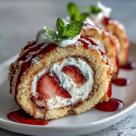 Freshly sliced Strawberry Shortcake Sushi Roll reveals creamy whipped cream and juicy red berries inside golden crepes.