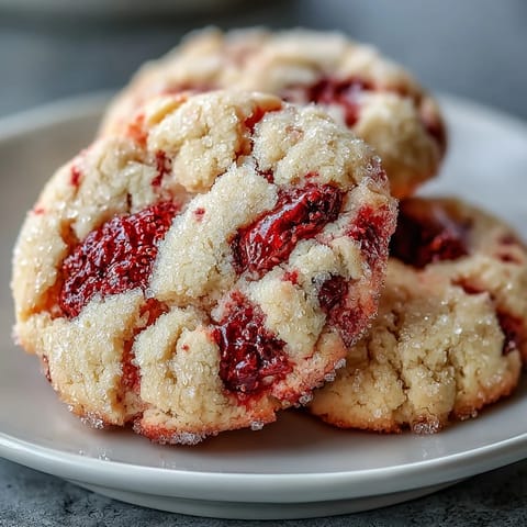 Freshly baked Soft Chewy Raspberry Sugar Cookies rest on a cooling rack with juicy red berries visible.