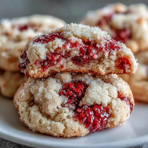 Stack of Soft Chewy Raspberry Sugar Cookies coated in sparkling sugar, ready to serve with a glass of milk.