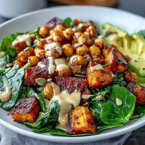 Roasted sweet potato and chickpea bowl topped with creamy avocado and fresh cilantro.