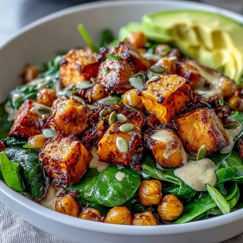 Golden roasted sweet potatoes and crispy chickpeas ready for a smoky chipotle tahini drizzle.