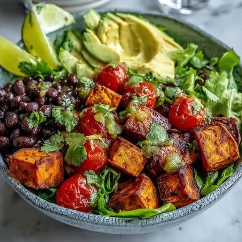 A vibrant Sweet Potato and Black Bean Bowl features roasted orange cubes, creamy avocado slices, and fresh salsa on mixed greens. 