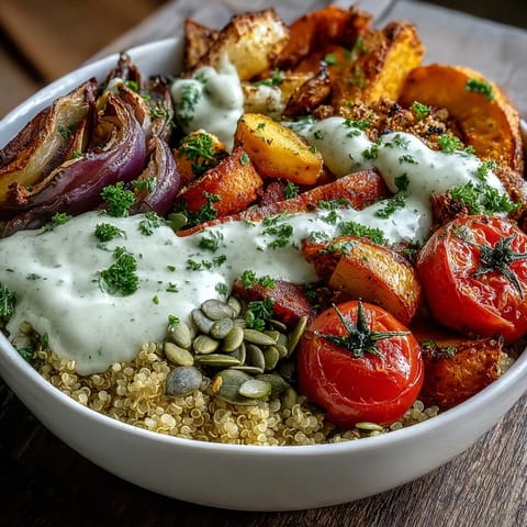 Brightly colored roasted vegetables sit over fluffy quinoa in a Roasted Vegetable Quinoa Bowl, finished with a creamy tahini drizzle.