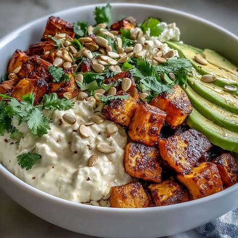 A colorful bowl of roasted sweet potatoes topped with creamy avocado, cottage cheese, and a spicy hot honey drizzle.