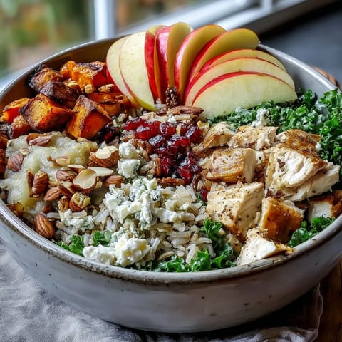 Harvest Bowl with kale, wild rice, roasted chicken, sweet potatoes, apples, almonds, goat cheese, and balsamic dressing.  