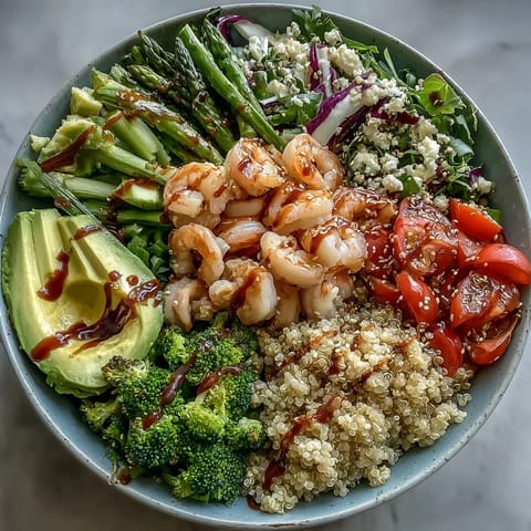 A vibrant Rainbow Vegetable Detox Bowl with colorful veggies, juicy shrimp, creamy avocado, and fluffy quinoa drizzled with balsamic dressing.