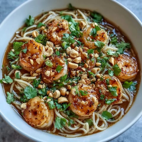 Colorful Asian Noodle Bowl topped with tender shrimp, julienned carrots, zucchini, and fragrant cilantro, perfect for a quick weeknight dinner.