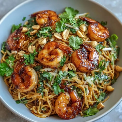 Asian Noodle Bowl with shrimp, fresh vegetables, and crunchy peanuts in a savory Asian-inspired sauce, served in a white bowl.